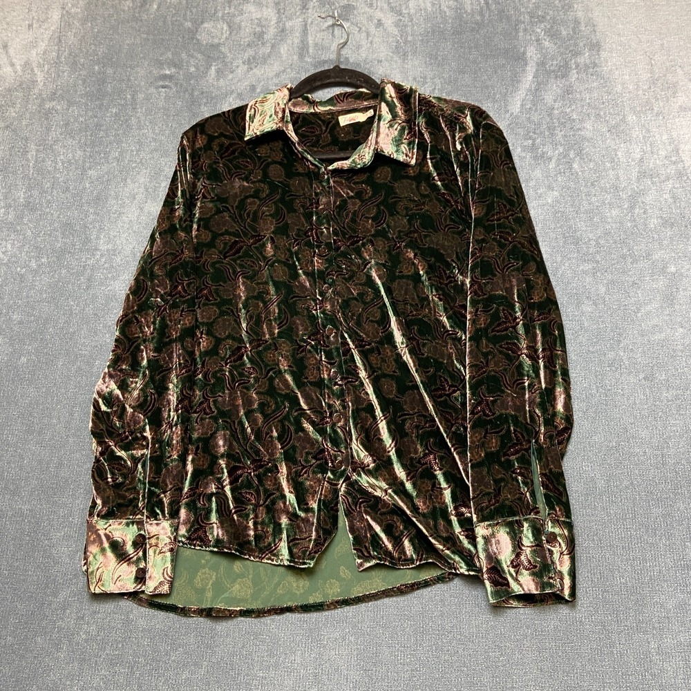 Faherty Genevieve Velvet Shirt Womens Medium Green Floral Long Sleeve Button-Up
